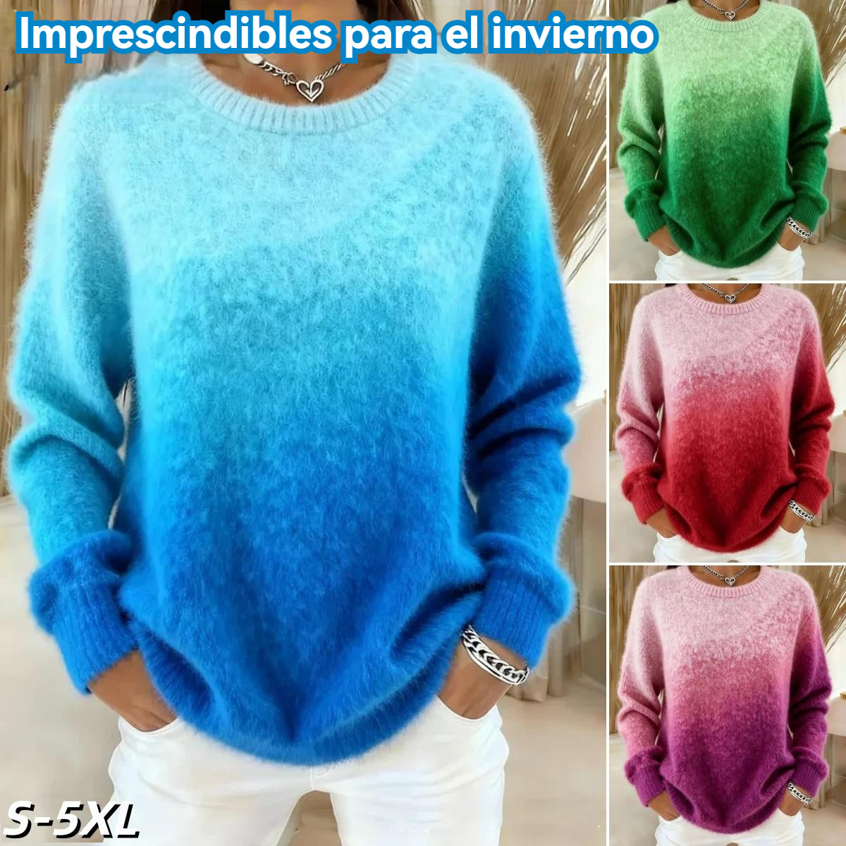 🔥【XS-5XL】Suéter con cuello redondo y estampado degradado, confeccionado en material polar, cálido y cómodo.