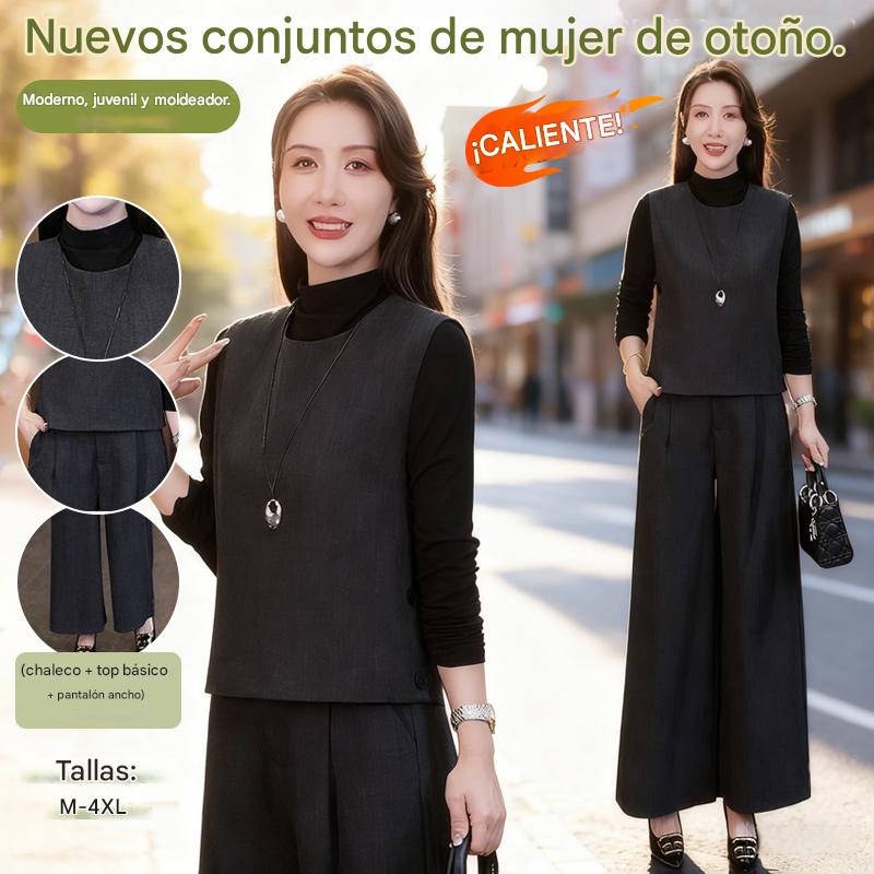 🔥👗【M-4XL】Nuevos conjuntos de mujer otoño: Modernos, juveniles y moldeadores 😘 (chaleco + top básico + pantalón ancho)