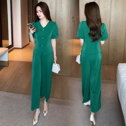 🔥【50% de descuento】🌸【Top + Pantalones anchos】Traje de seda helada de moda