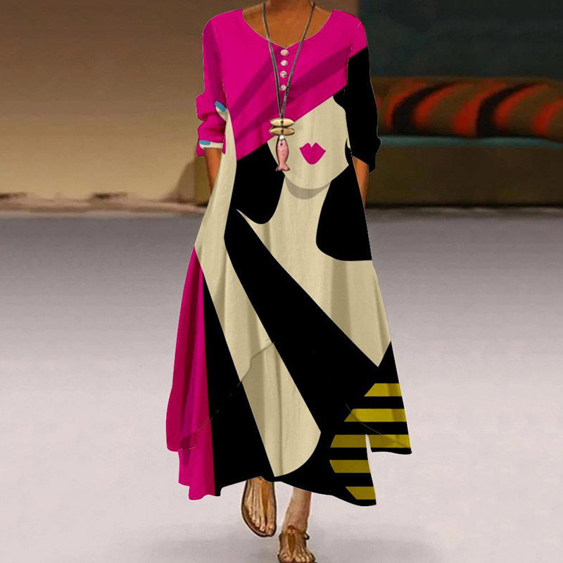 🔥💃Descuento del 50% por tiempo limitado🎉¡Novedad! Vestido estampado de manga larga y largo para mujer, con falda irregular y amplia, que luce una belleza elegante y dinámica.【S-5XL】