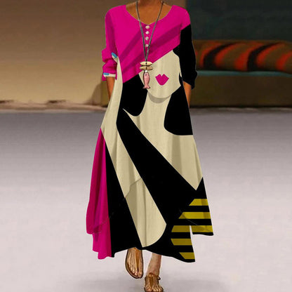 🔥💃Descuento del 50% por tiempo limitado🎉¡Novedad! Vestido estampado de manga larga y largo para mujer, con falda irregular y amplia, que luce una belleza elegante y dinámica.【S-5XL】