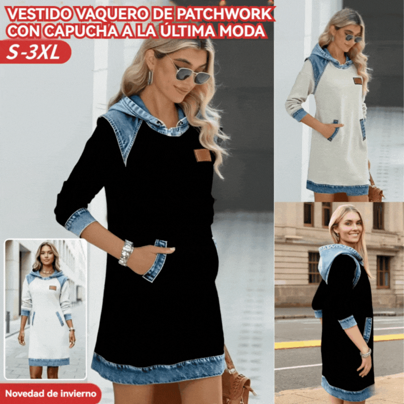 🌷50% de descuento🌞Novedad de invierno: vestido vaquero de patchwork con capucha a la última moda.