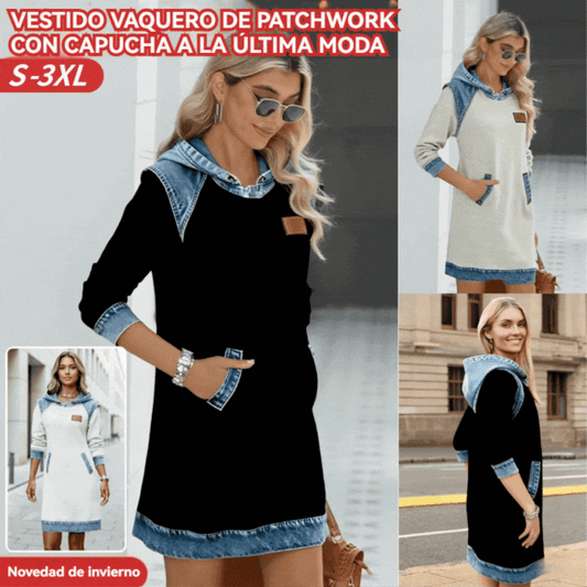 🌷50% de descuento🌞Novedad de invierno: vestido vaquero de patchwork con capucha a la última moda.