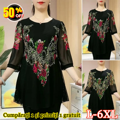 🔥🔥【Compra 1 y llévate 1 gratis】【L-6XL】Camisa de gasa con bordado floral para mujer
