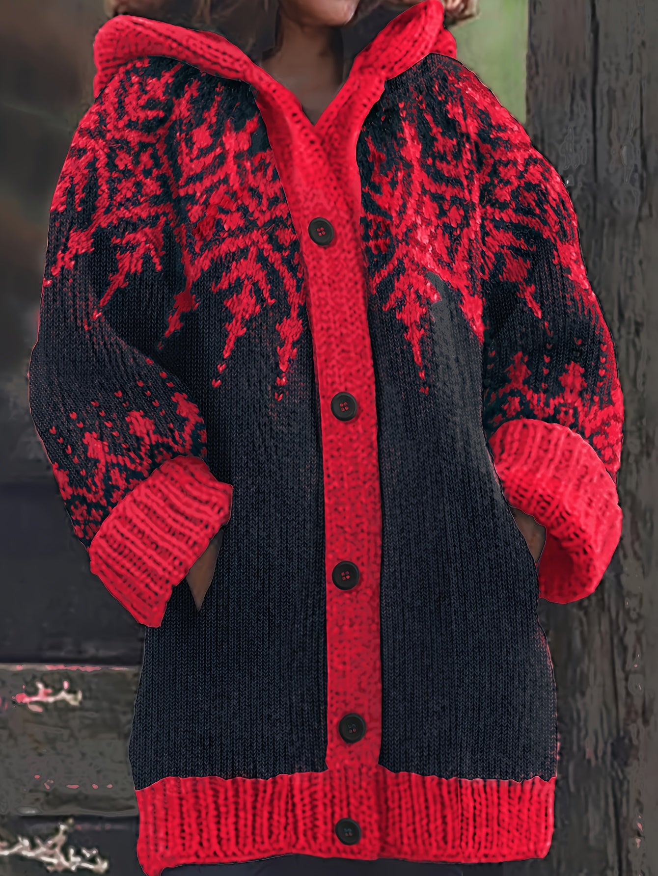 【S~5XL】❄Elegante chaqueta retro con capucha y bloques de color con diseño de copos de nieve.