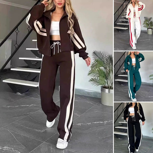 🔥🖤Conjunto de 2 piezas de chaqueta con cremallera a rayas y pantalón casual para mujer🔥