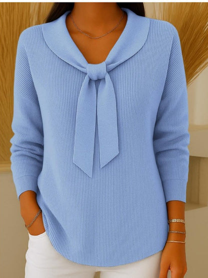 【S~2XL】Suéter de manga larga con lazo de color liso para mujer, casual y holgado