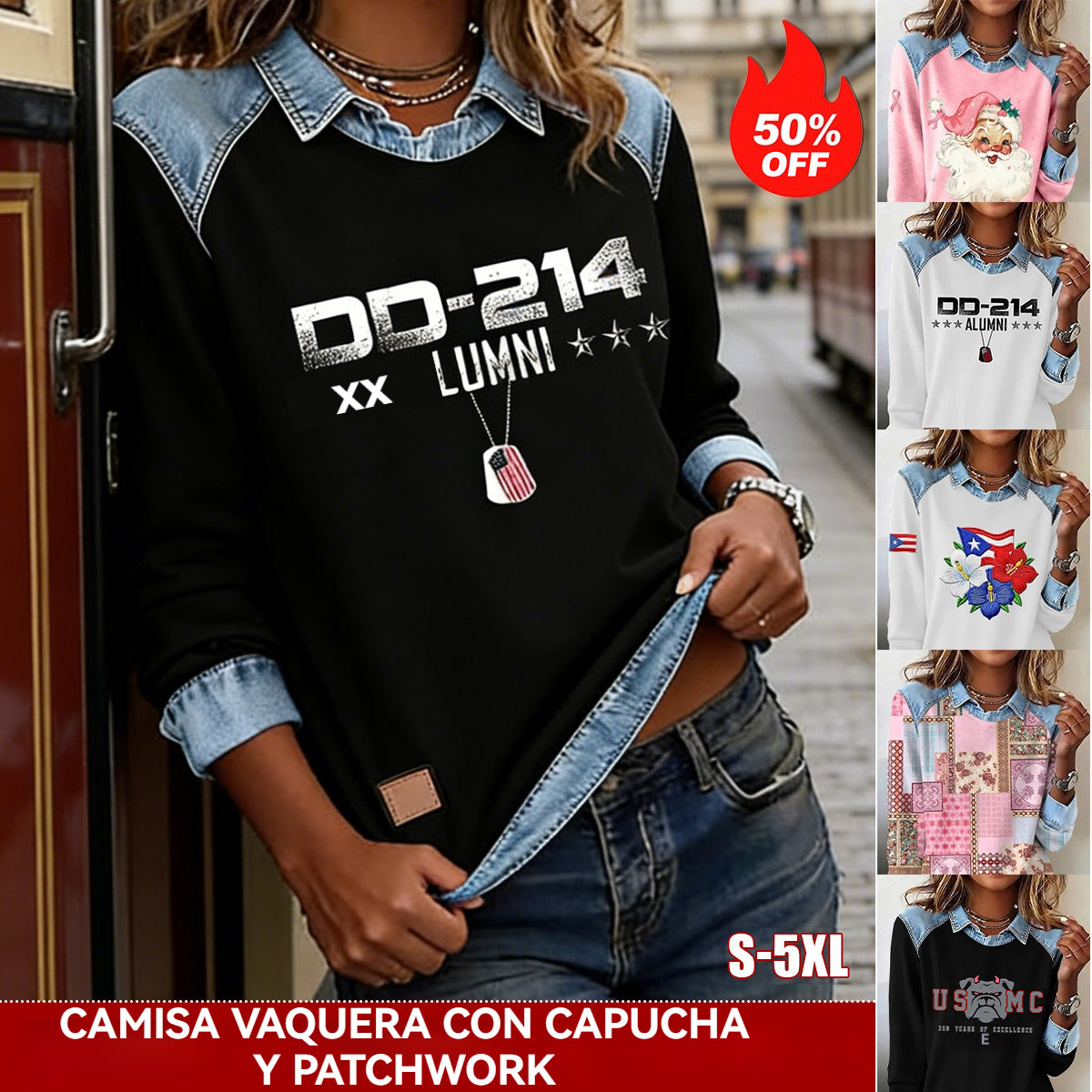 【S-5XL】👕Camisa vaquera con capucha y patchwork para mujer,el diseño de patchwork muestra un gusto único.
