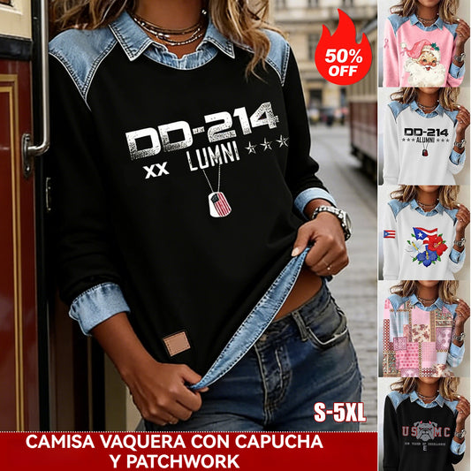 【S-5XL】👕Camisa vaquera con capucha y patchwork para mujer,el diseño de patchwork muestra un gusto único.