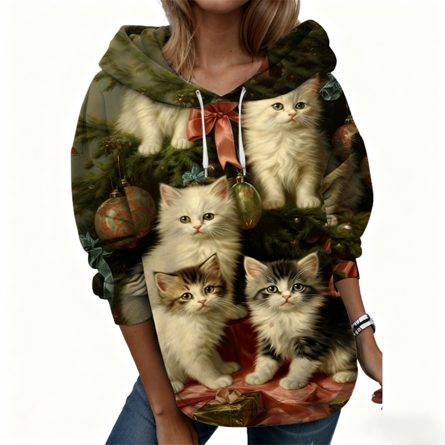 🐱【S-6XL】Nueva camiseta de invierno para mujer, lindo estampado de gato